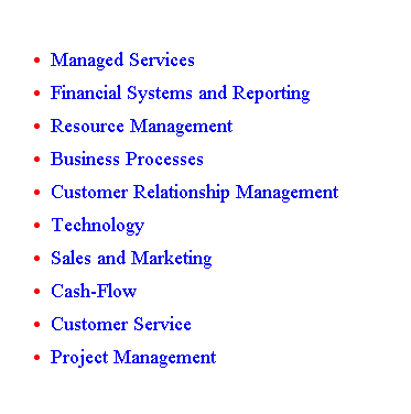 Text Box:  
Managed Services
Financial Systems and Reporting
Resource Management
Business Processes
Customer Relationship Management
Technology
Sales and Marketing
Cash-Flow
Customer Service
Project Management
